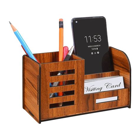 Deskart Custom Made Wooden Pen Stand With Mobile Holder For Office