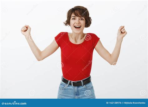 Yay You Did Great Very Proud Excited Happy Cheerful Young Woman Raising Hands Clenched Fists