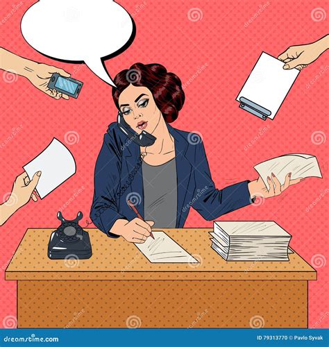 Pop Art Multitasking Busy Business Woman At Office Work Stock Vector