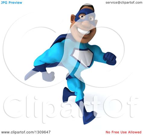 Clipart Of A 3d Buff Black Super Hero Man In A Blue Costume Running To