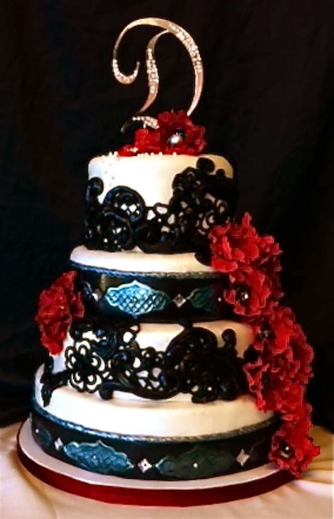 White Red And Black Lace Wedding Cake