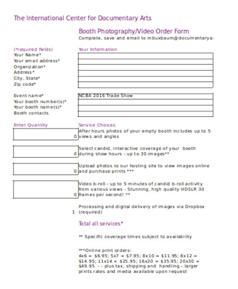 Photography Order Form Template Word Free