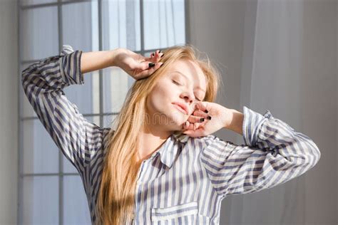 Young Sleepy Woman Stretching With Closed Eyes Stock Photo Image Of