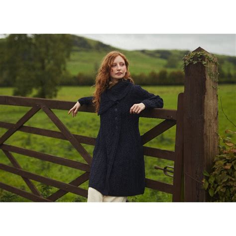 100 merino wool ladies aran coat with 3 buttons navy colour