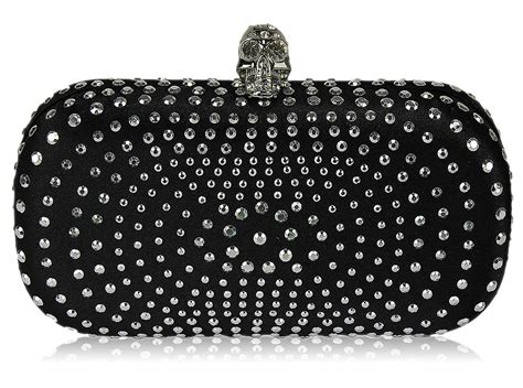 Wholesale Black Satin Clutch Bag With Crystal Encrusted Skull Clasp