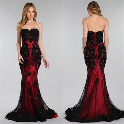 Black And Red Custom Made Prom Dresses 2016 Strapless Beaded Lace Appliqued Sweetheart Neck