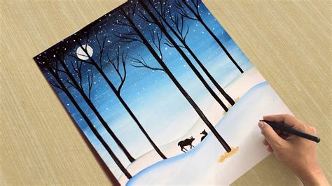 Winter Landscape To Draw Easy Winter Snowfall Scenery Drawing For