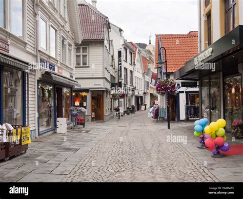Pedestrian Shopping Street In Stavanger Norway Old Small Wooden