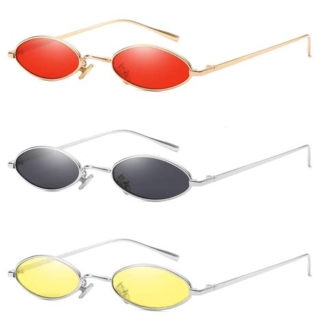 Aooffiv Vintage Slender Oval Sunglasses Small Metal Frame Candy Colors Oval Sunglasses Metal