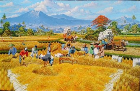 Rice Harvest Landscape Painting With Realistic Details Etsy