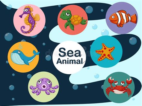 Cute Cartoon Sea Animals Underwater Vector Illustration Set Of