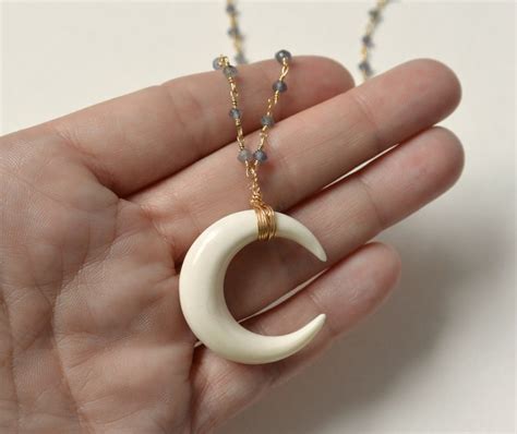 Crescent Moon Necklace Gemstone Beaded Chain Necklace Etsy