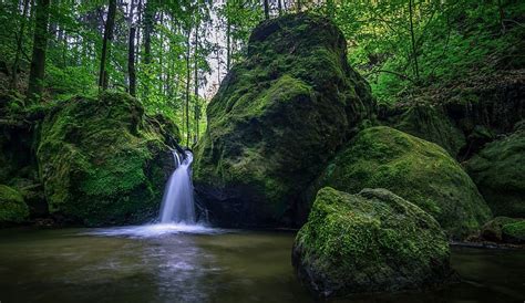 Nature Waterfalls Waterfall Moss Stream Greenery Hd Wallpaper
