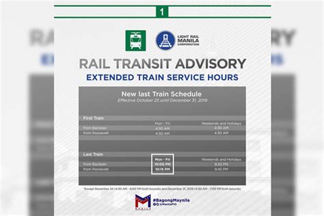 The light rail manila corporation (lrmc) has added more late night trips from december 3 to 23, with the operating hours of lrt1 extended until 11 p.m. LRT-1 extends operating hours