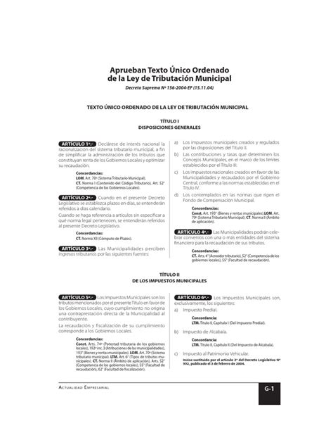 Aprueban Texto Único Ordenado De La Ley De Tributación Municipal