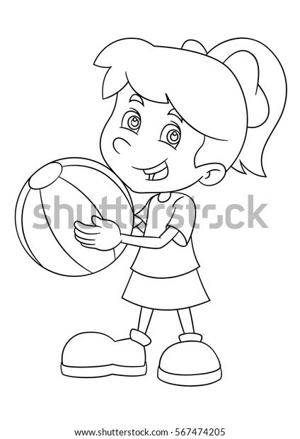 Cartoon Girl Holding Ball Smiling Coloring Stock Vector Royalty Free