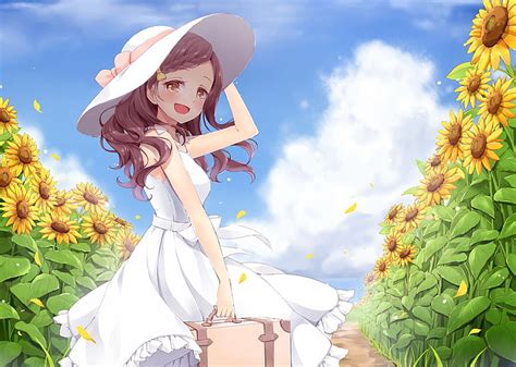 Hd Wallpaper Anime Girl Summer Sunflowers Field Big Smile Beauty