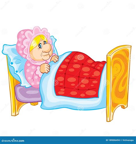 Grandmother In A Cap Lies In Bed Covered With A Blanket Sick Cartoon