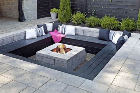 Modern Outdoor Fire Pits Ideas Featuring Black Stone Square Bench And