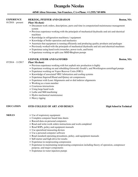 Plant Mechanic Resume Samples Velvet Jobs