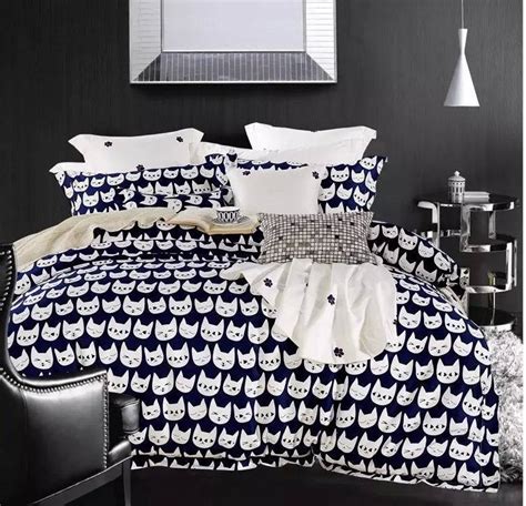 Cat Print Bed Cover Blue And White Bedding Set Cartoon King Queen Size