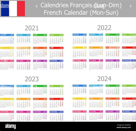 Tipo Francés 2021 2024 1 Lun Dom Calendario Sobre Fondo Blanco Imagen