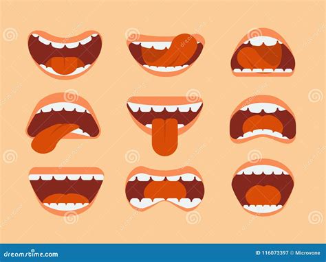 Expressive Cartoon Human Mouth With Tongue And Teeth Vector Set For