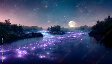 Magical Night River Landscape With Bioluminescent Blue Water Purple