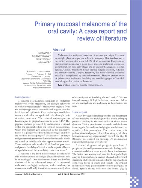 Pdf Primary Mucosal Melanoma Of The Oral Cavity A Case Report And