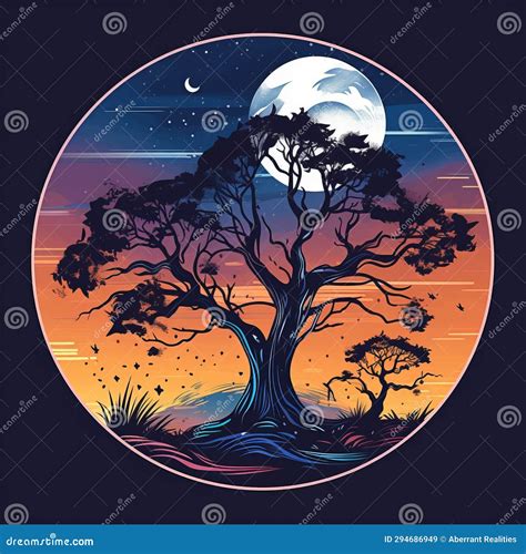 An Illustration Of A Tree And The Moon At Night Stock Illustration