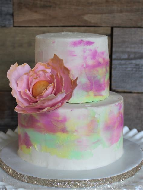 Watercolor Buttercream Cake With Gold Tipped Peony Flower Watercolor