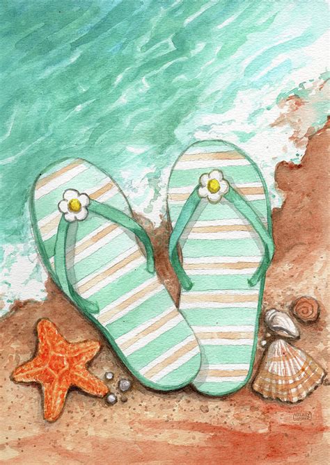 Flip Flops On The Beach Plain Painting By Melinda Hipsher Fine Art
