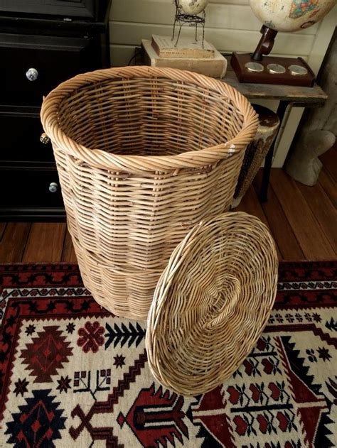 Tall Wicker Basket With Lid Vintage Sturdy Clothes Hamper Etsy In