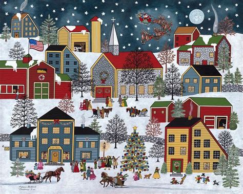 Folk Art Christmas Santa Snow Village Print By Medana Gabbard Titled