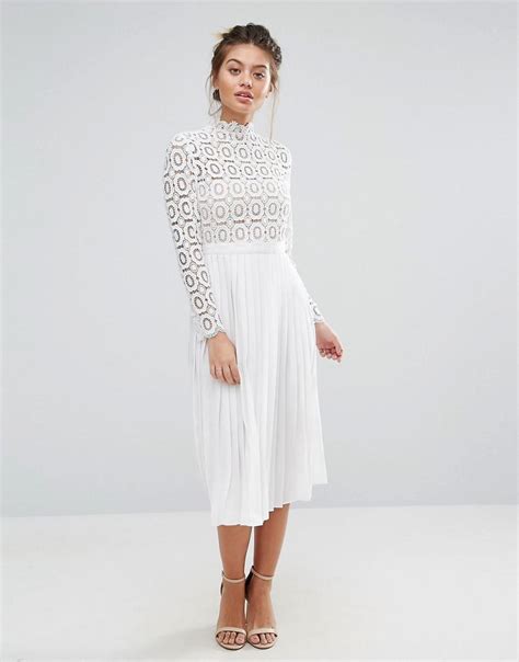 Little Mistress Premium Lace Pleated Midi Dress In White Lyst