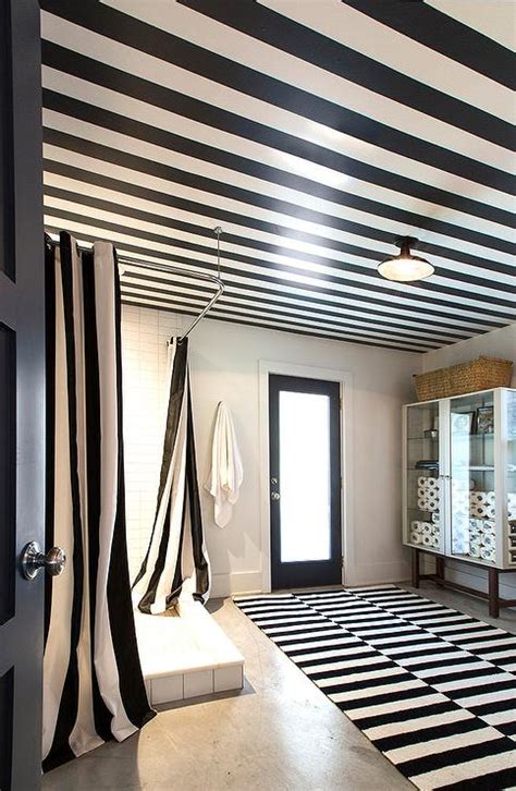 Black And White Striped Bathroom Shower Curtains And Rug Transitional
