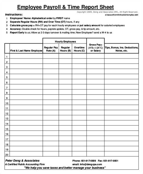 Employee Payroll Sheets Printable