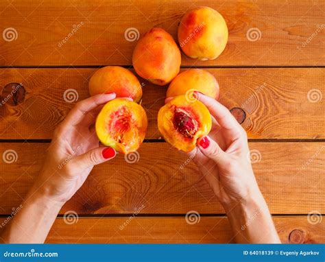 Fresh Peach In Woman S Hands Stock Image Image Of Arms Health 64018139