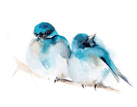 Bird Watercolor Print Two Turquoise Birds By Canotstopprints