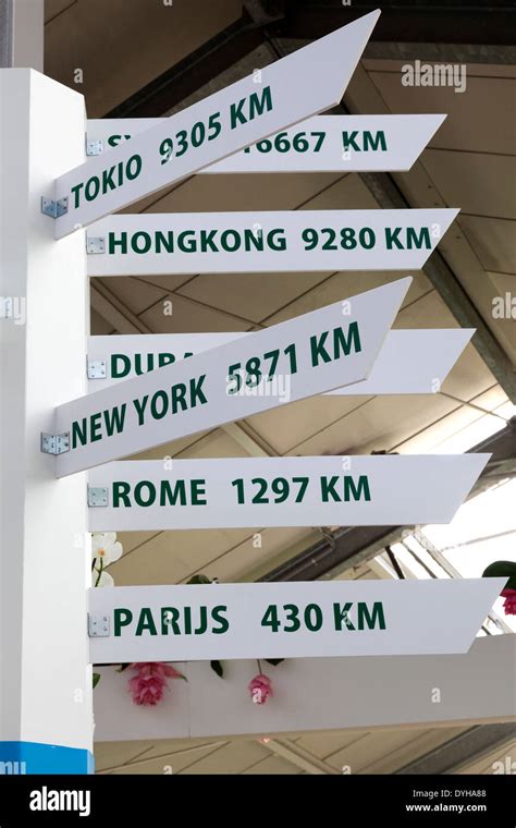 World City Signposts In The Prinses Beatrixhall At The Keukenhof In