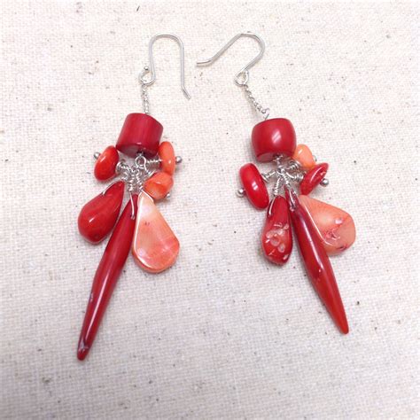 Coral Earrings Red Pink Cluster Coral Branch Sterling Silver Etsy