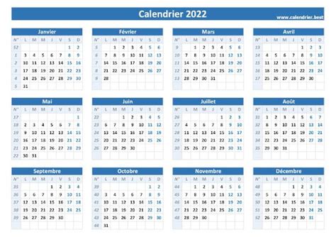 Calendrier Numéro De Semaines 2022 Calendrier Mensuel