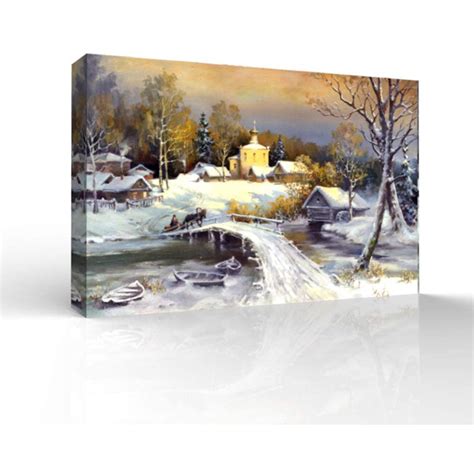 Wall26 Canvas Wall Art Winter Forest Snow Village Oil Painting