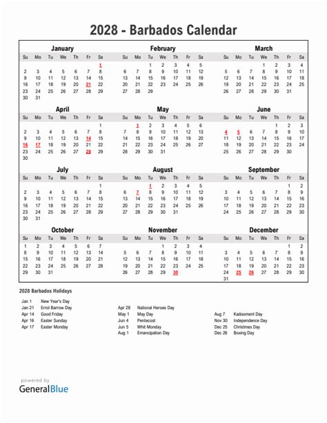 2028 Barbados Calendar With Holidays