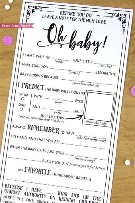 Print out this list of a through z letters, print one copy for each guest. Baby Shower Advice Cards, Mad Libs, Black - Press Print Party!