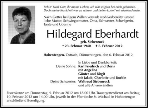 Traueranzeigen Von Hildegard Eberhardt Schwaebische De Trauerportal