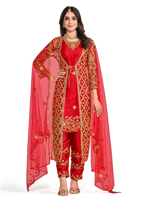 Buy Festive Salwar Suit Koti Style Princely Red Patterned Salwar Suit Empress Clothing