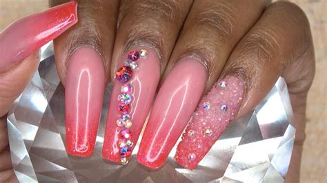 acrylic nails tutorial   cherry red ombre nails  nail tips swarovski pixie crystals
