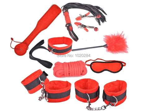 Red 9 Pcs As A Set Nylon Plush Sex Toys Gag Whip Hand Foot Cuffs Shot