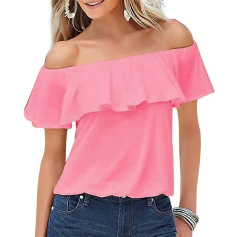 sexy womens off shoulder ruffle chiffon blouse 2018 summer ladies blouses tunic tops femme slim